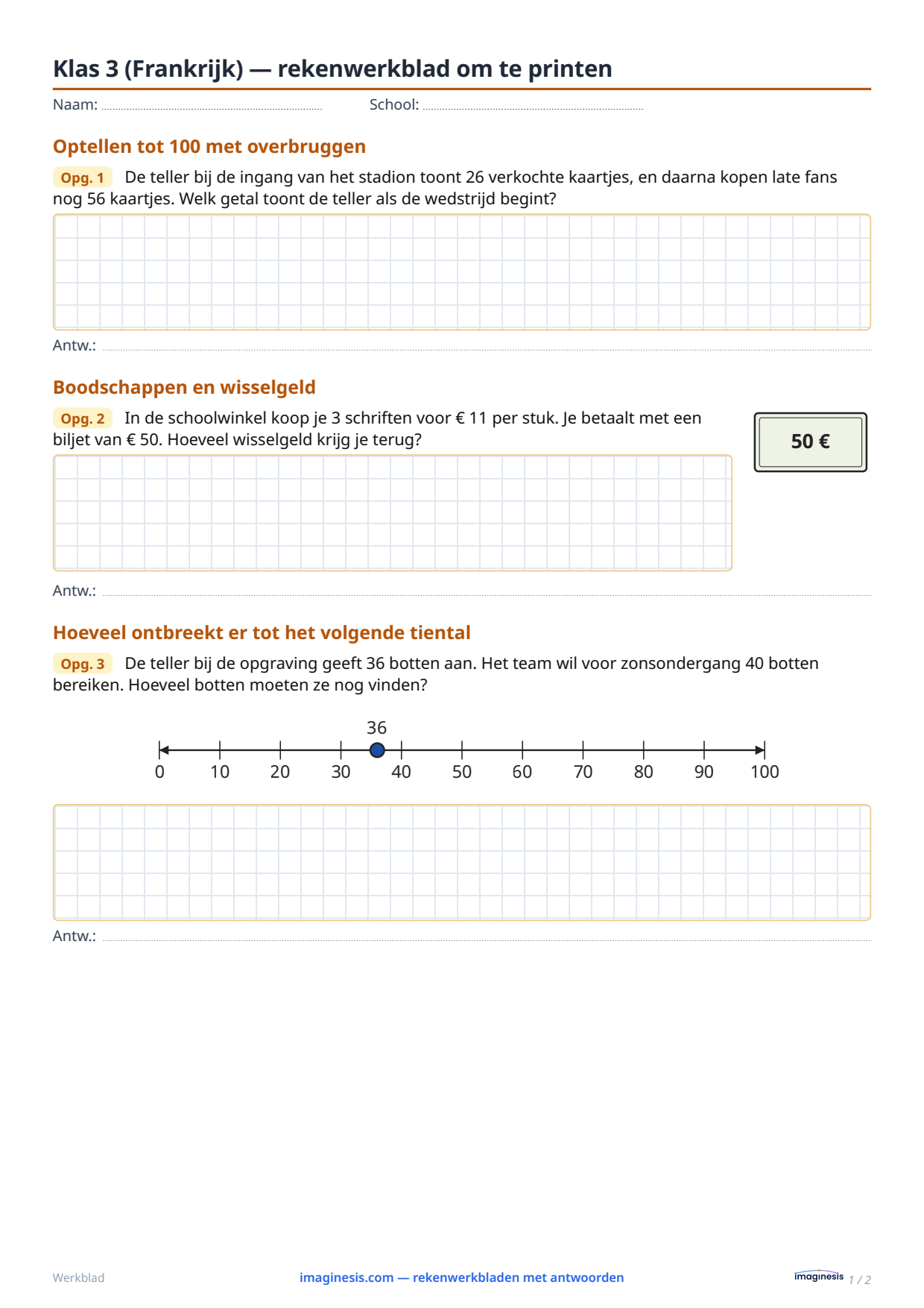 Klas 3 (Frankrijk) — rekenwerkblad om te printen — Leerlingblad: rekenwerkblad om te printen (Klas 3, Frankrijk)