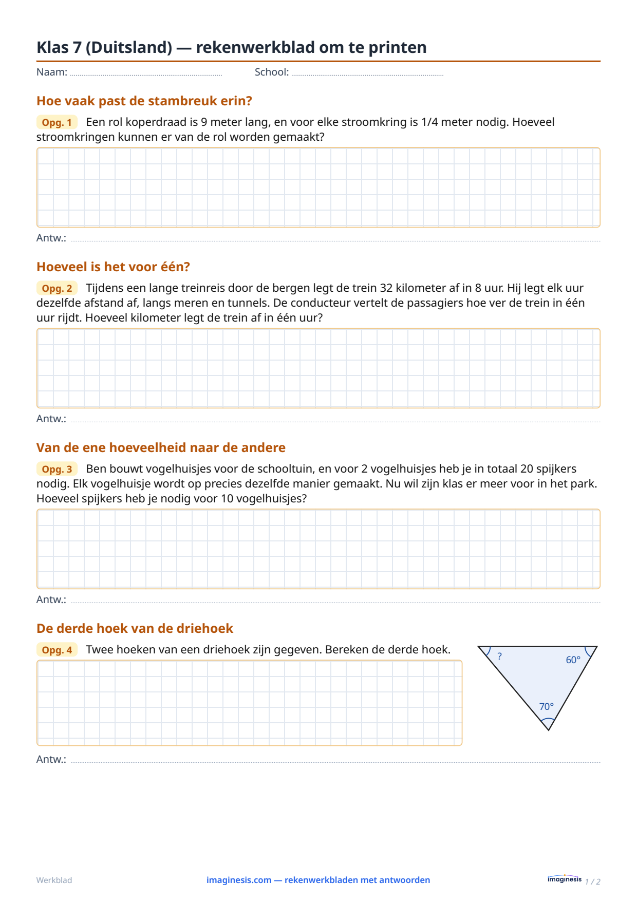 Klas 7 (Duitsland) — rekenwerkblad om te printen — Leerlingblad: rekenwerkblad om te printen (Klas 7, Duitsland)