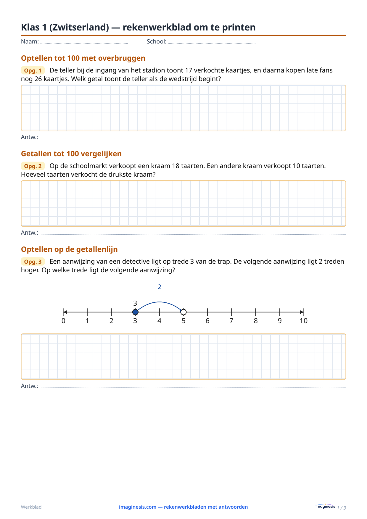 Klas 1 (Zwitserland) — rekenwerkblad om te printen — Leerlingblad: rekenwerkblad om te printen (Klas 1, Zwitserland)