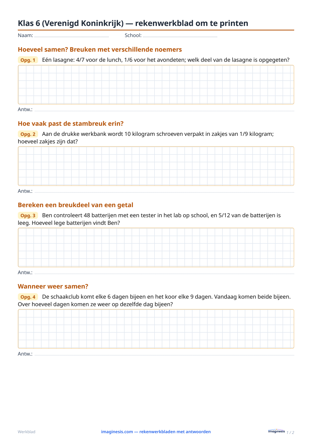Klas 6 (Verenigd Koninkrijk) — rekenwerkblad om te printen — Leerlingblad: rekenwerkblad om te printen (Klas 6, Verenigd Koninkrijk)