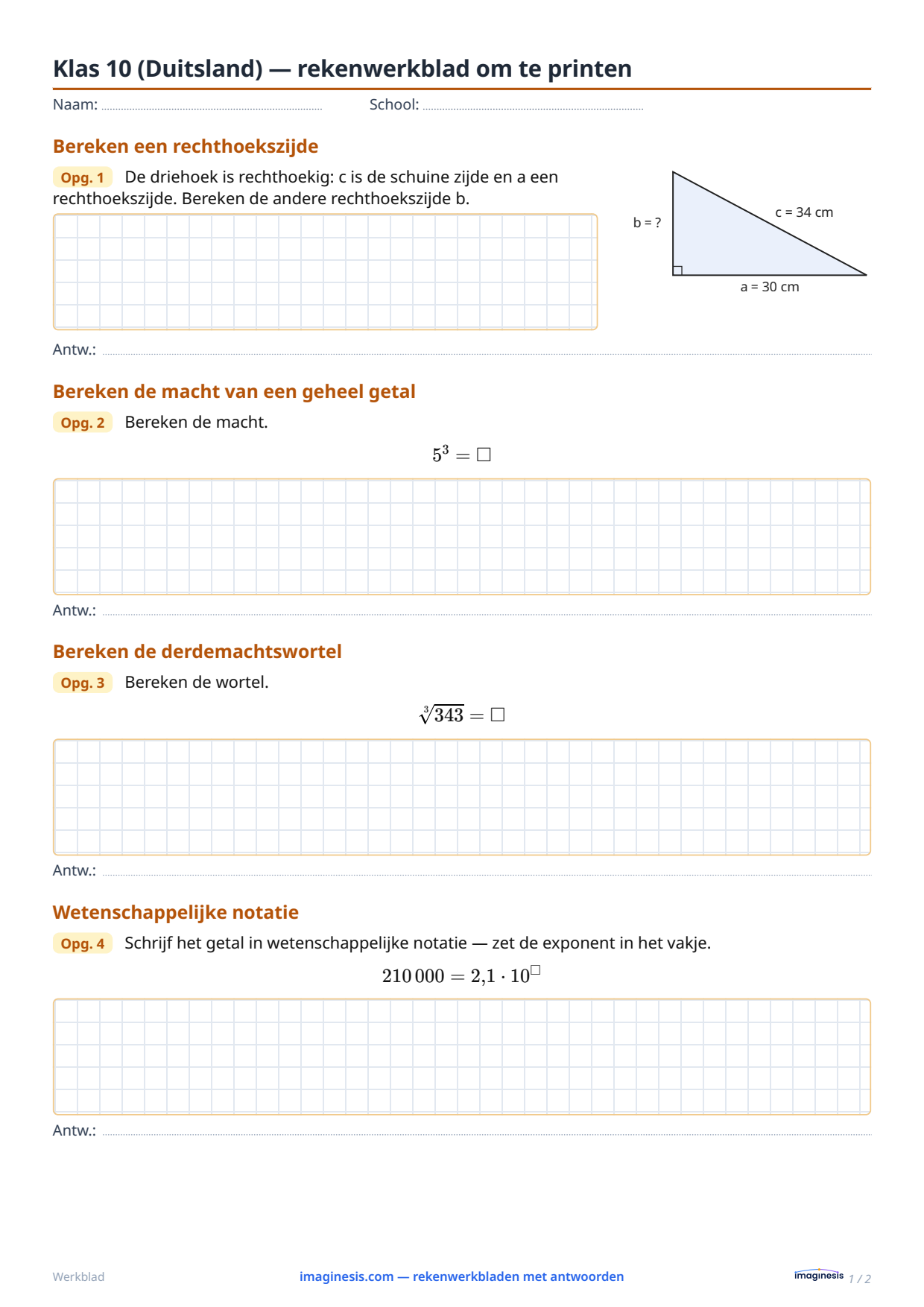 Klas 10 (Duitsland) — rekenwerkblad om te printen — Leerlingblad: rekenwerkblad om te printen (Klas 10, Duitsland)