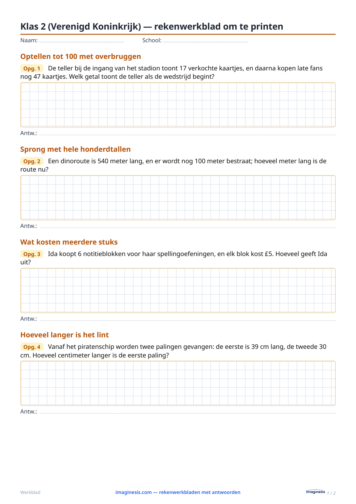 Klas 2 (Verenigd Koninkrijk) — rekenwerkblad om te printen — Leerlingblad: rekenwerkblad om te printen (Klas 2, Verenigd Koninkrijk)
