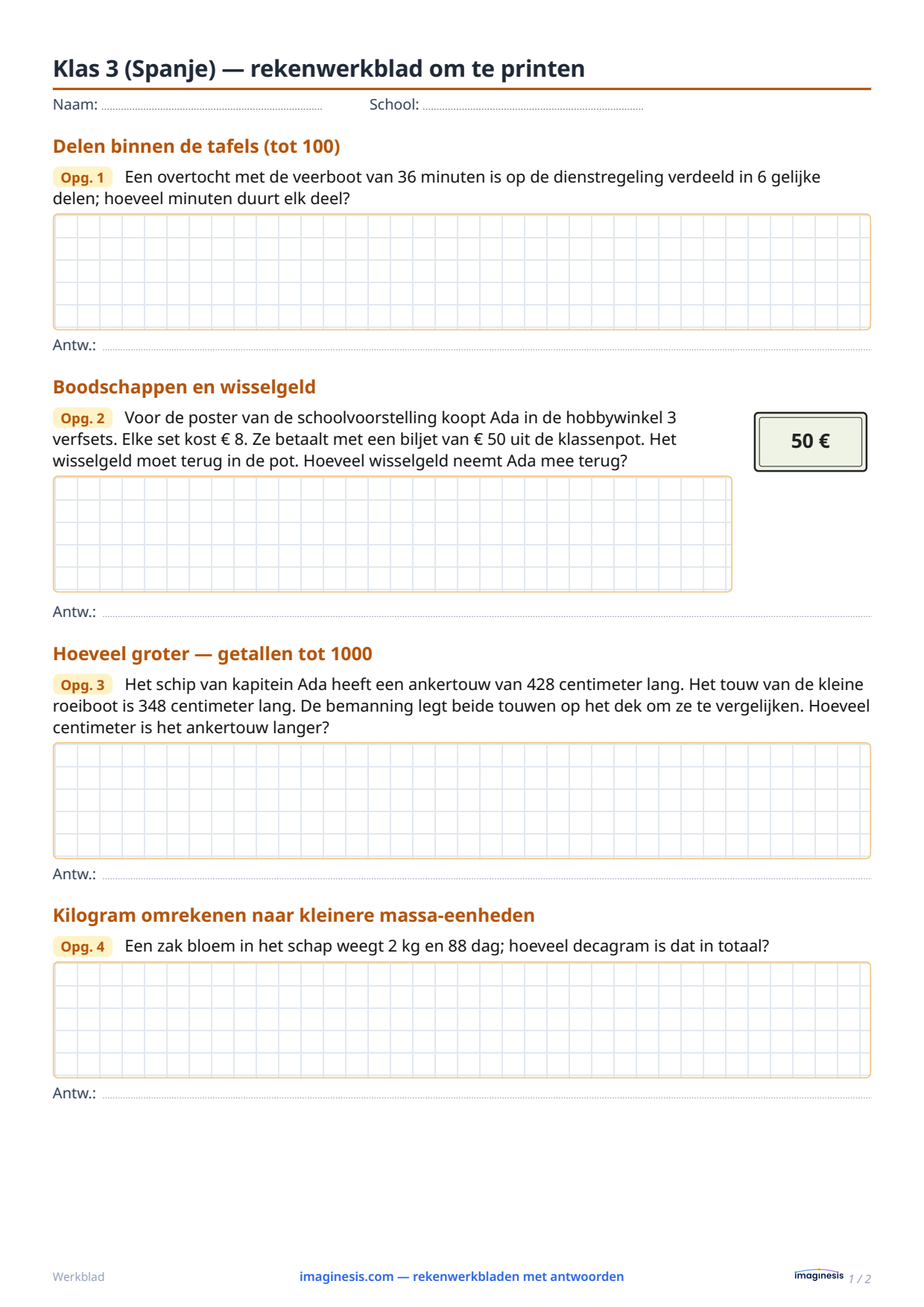 Klas 3 (Spanje) — rekenwerkblad om te printen — Leerlingblad: rekenwerkblad om te printen (Klas 3, Spanje)