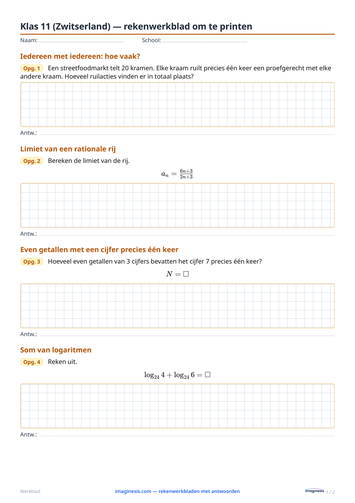 Klas 11 (Zwitserland) — rekenwerkblad om te printen — Leerlingblad: rekenwerkblad om te printen (Klas 11, Zwitserland)