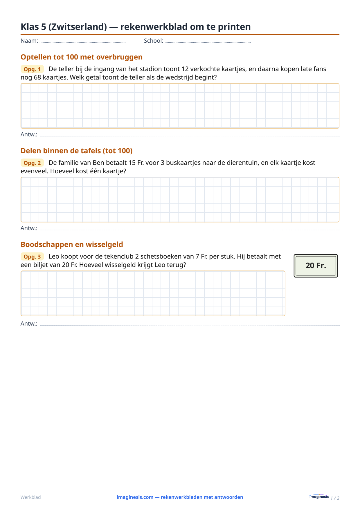 Klas 5 (Zwitserland) — rekenwerkblad om te printen — Leerlingblad: rekenwerkblad om te printen (Klas 5, Zwitserland)