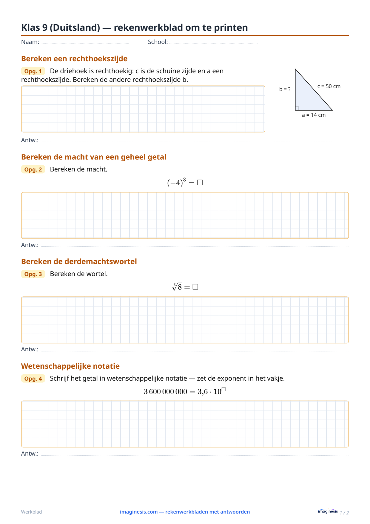 Klas 9 (Duitsland) — rekenwerkblad om te printen — Leerlingblad: rekenwerkblad om te printen (Klas 9, Duitsland)