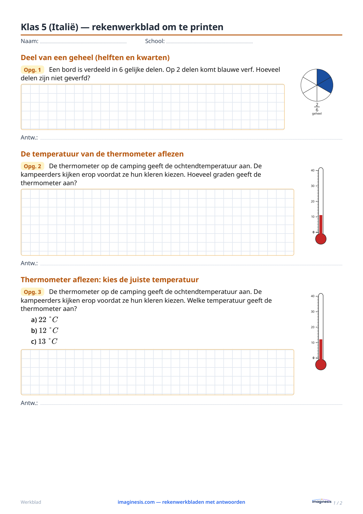 Klas 5 (Italië) — rekenwerkblad om te printen — Leerlingblad: rekenwerkblad om te printen (Klas 5, Italië)
