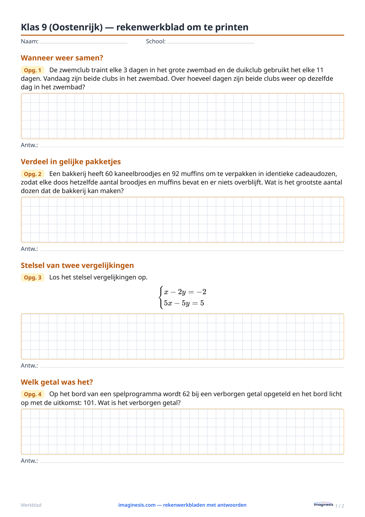 Klas 9 (Oostenrijk) — rekenwerkblad om te printen — Leerlingblad: rekenwerkblad om te printen (Klas 9, Oostenrijk)