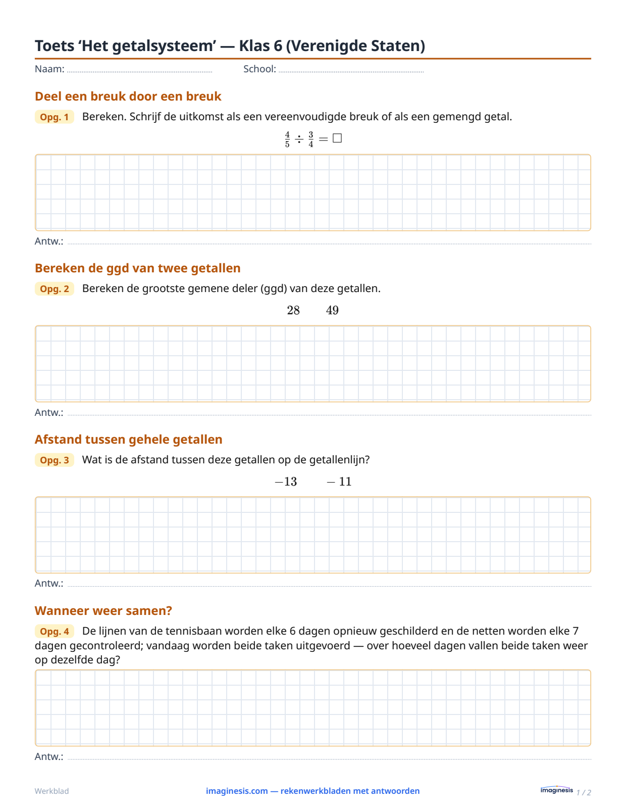 Toets ‘Het getalsysteem’ — Klas 6 (Verenigde Staten) — Leerlingblad: rekenwerkblad om te printen (Klas 6, Verenigde Staten)