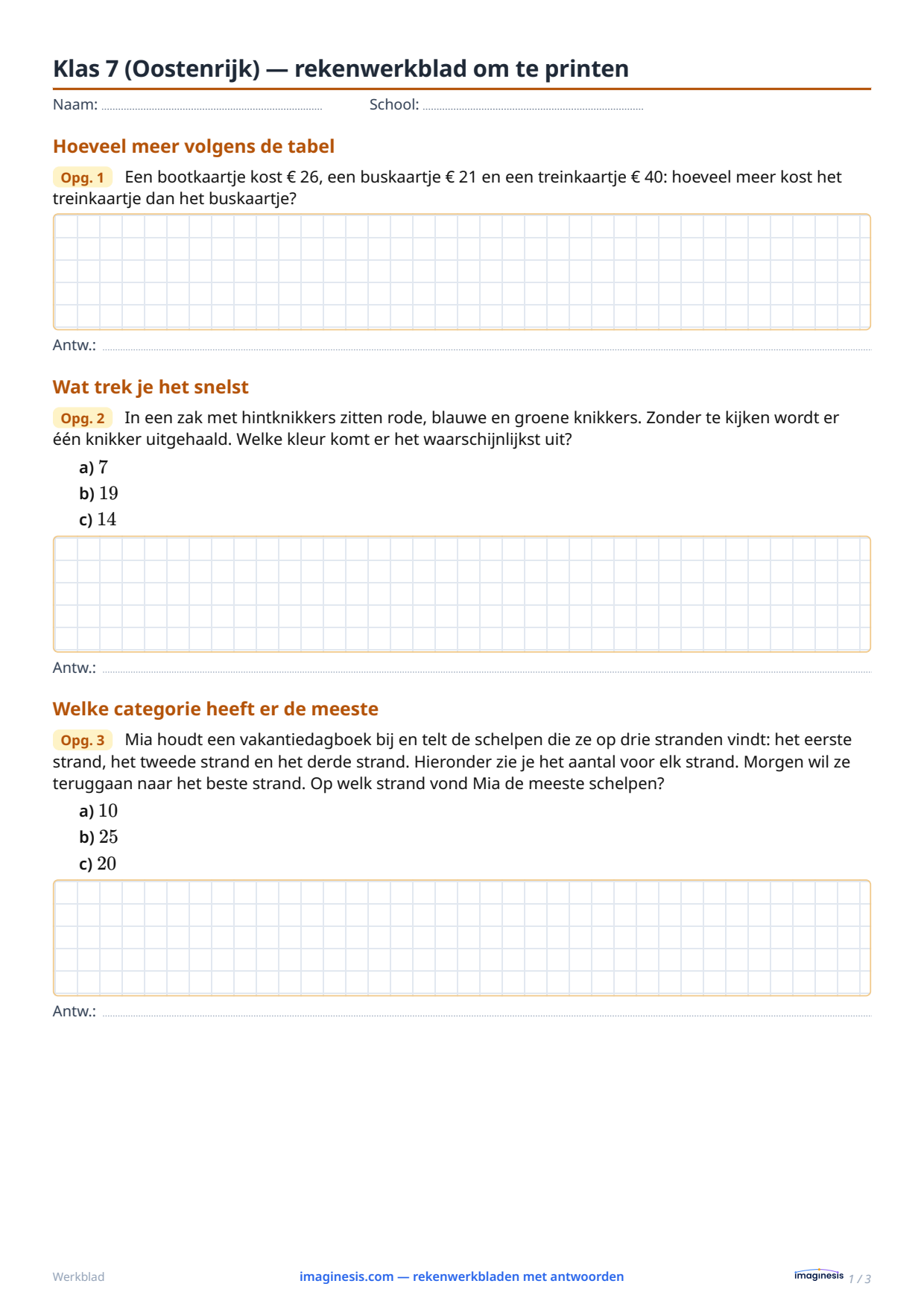 Klas 7 (Oostenrijk) — rekenwerkblad om te printen — Leerlingblad: rekenwerkblad om te printen (Klas 7, Oostenrijk)