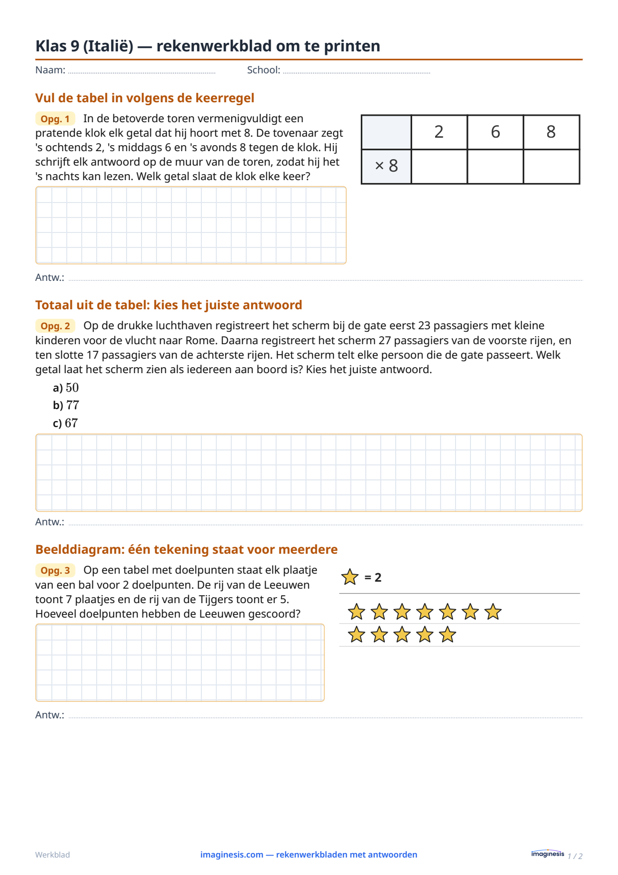 Klas 9 (Italië) — rekenwerkblad om te printen — Leerlingblad: rekenwerkblad om te printen (Klas 9, Italië)