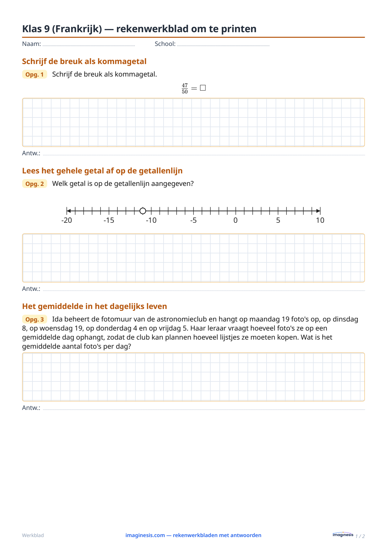 Klas 9 (Frankrijk) — rekenwerkblad om te printen — Leerlingblad: rekenwerkblad om te printen (Klas 9, Frankrijk)
