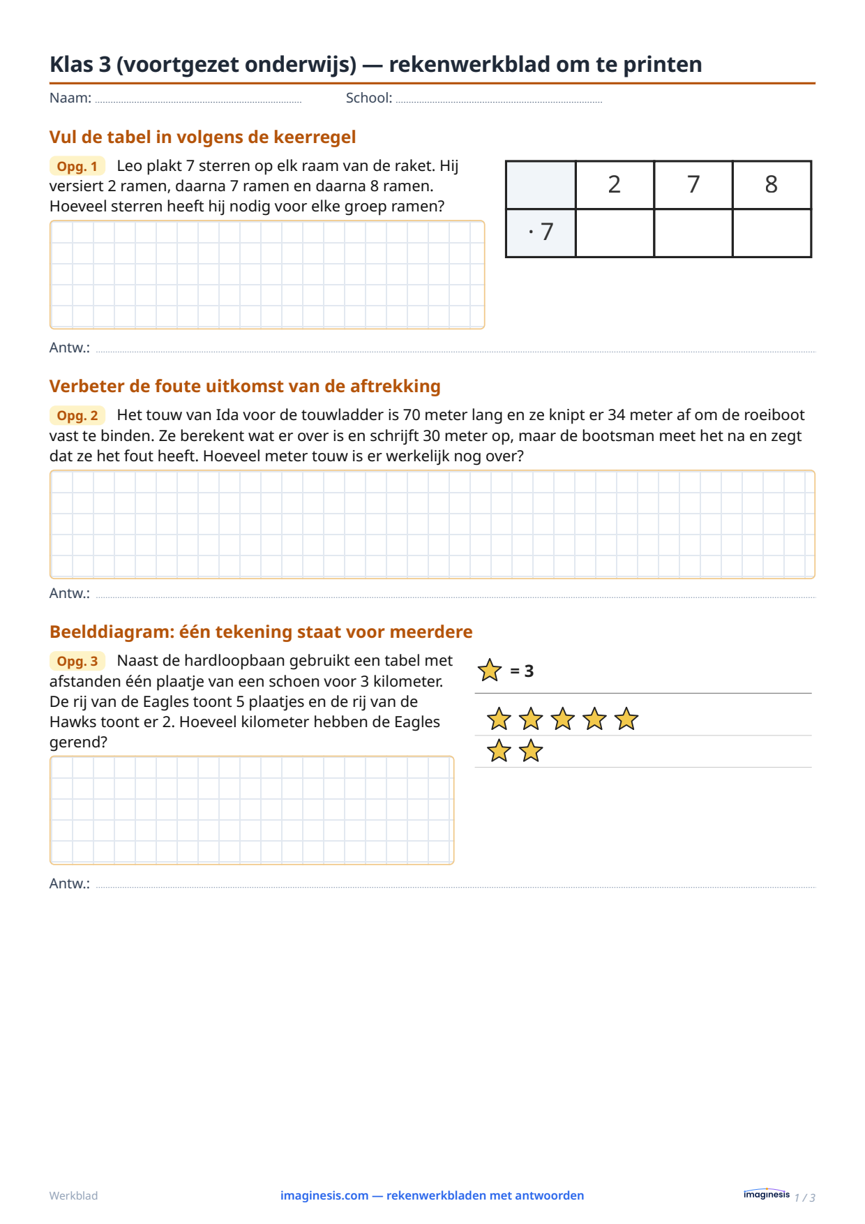 Klas 3 (voortgezet onderwijs) — rekenwerkblad om te printen — Leerlingblad: rekenwerkblad om te printen (Klas 3 (voortgezet onderwijs), Nederland)
