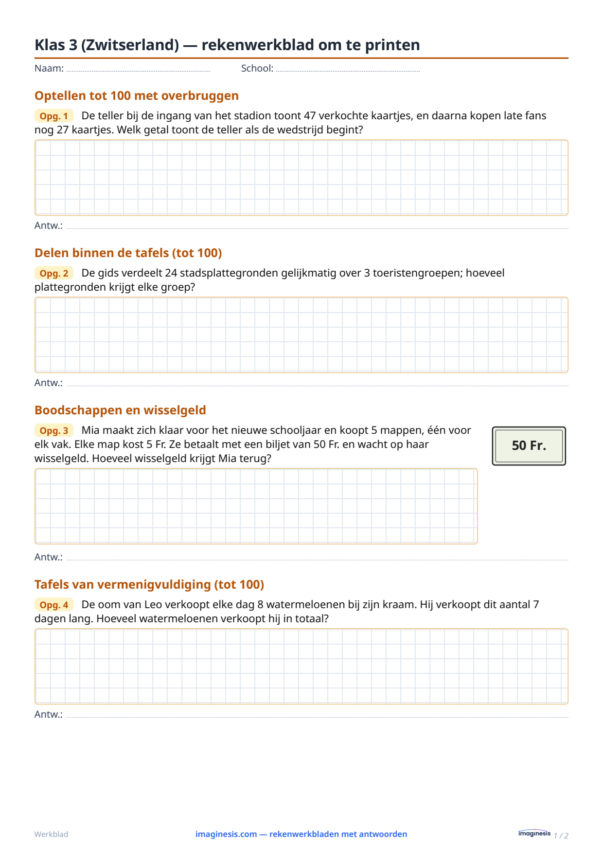 Klas 3 (Zwitserland) — rekenwerkblad om te printen — Leerlingblad: rekenwerkblad om te printen (Klas 3, Zwitserland)