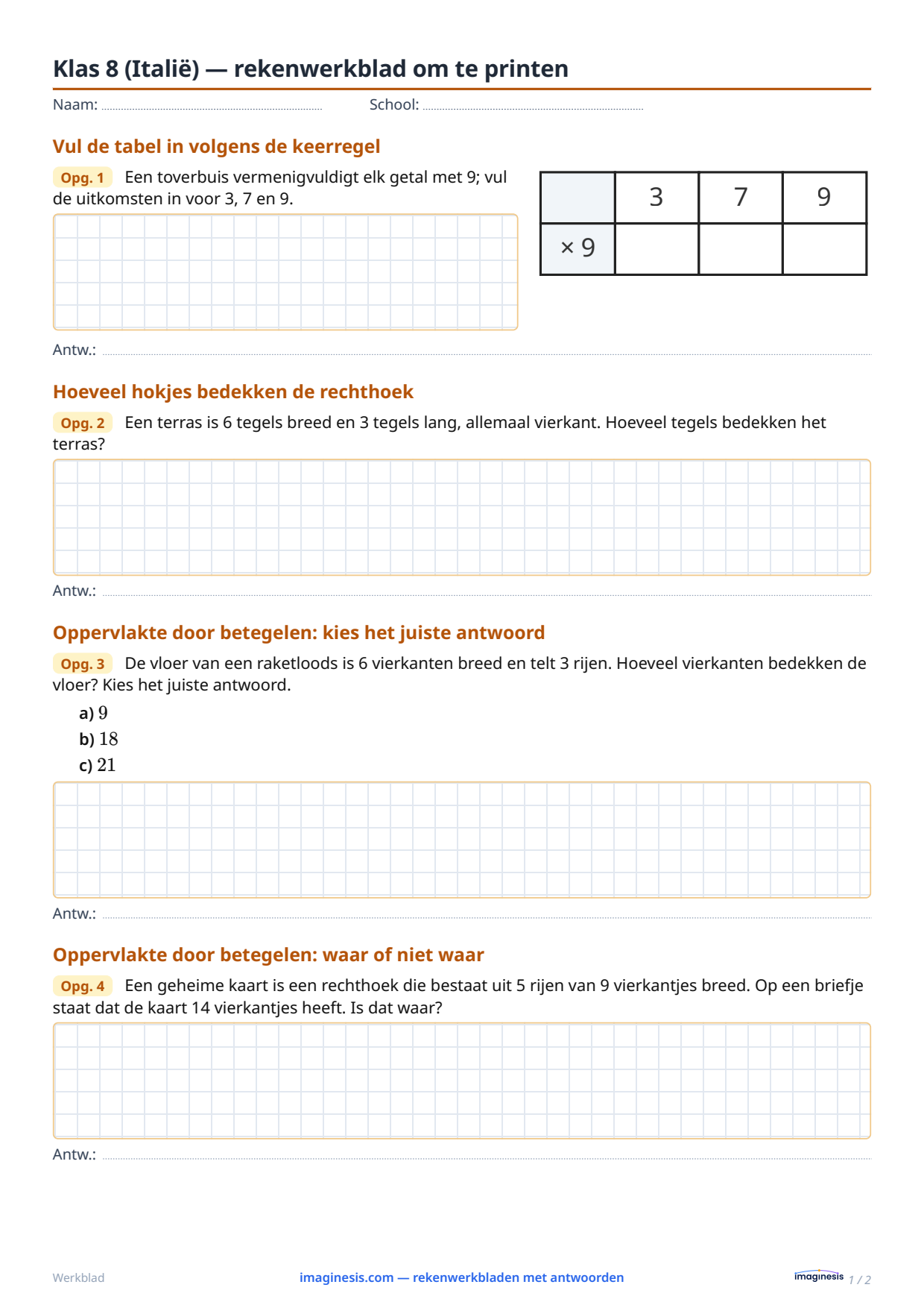 Klas 8 (Italië) — rekenwerkblad om te printen — Leerlingblad: rekenwerkblad om te printen (Klas 8, Italië)