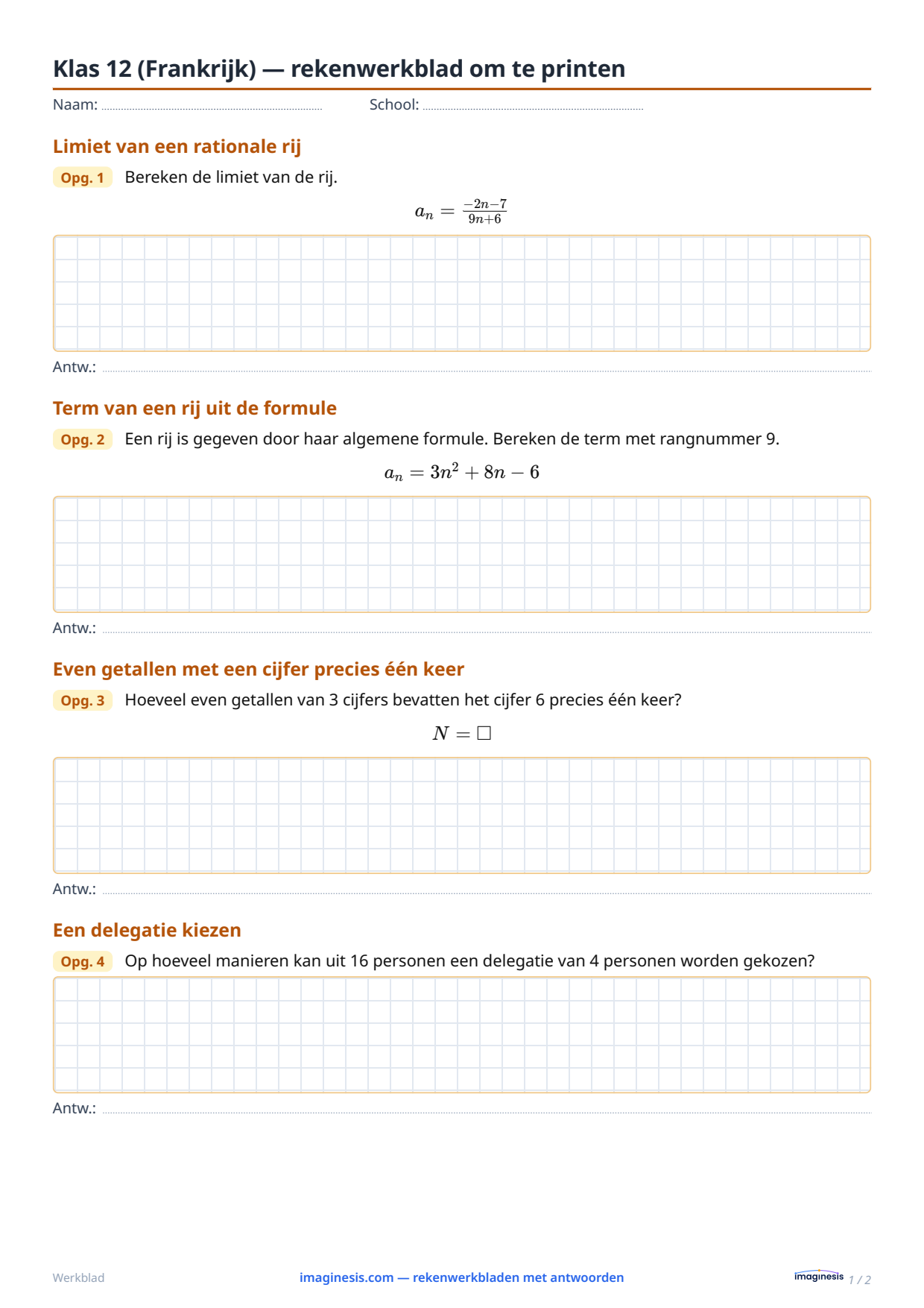 Klas 12 (Frankrijk) — rekenwerkblad om te printen — Leerlingblad: rekenwerkblad om te printen (Klas 12, Frankrijk)
