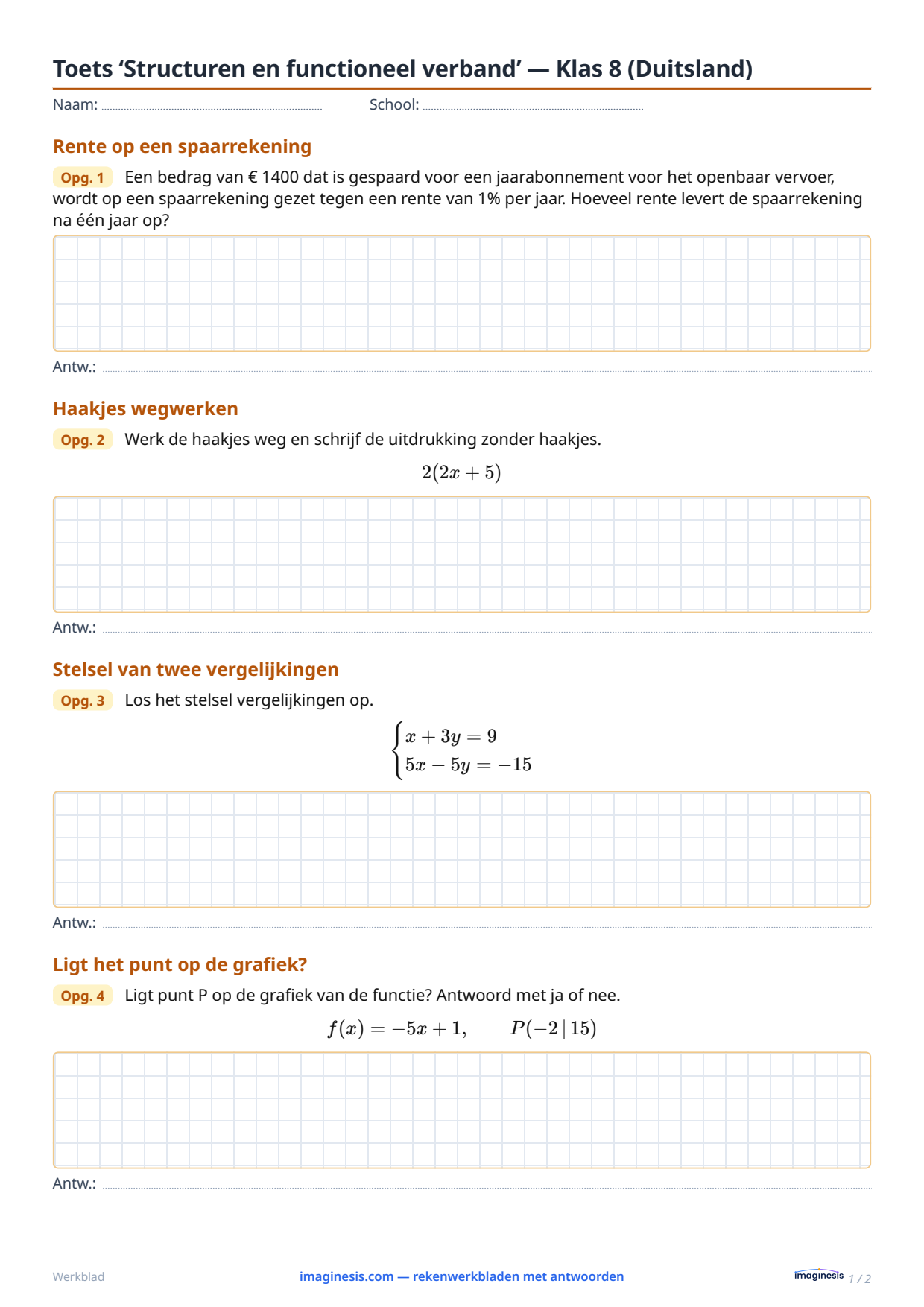 Toets ‘Structuren en functioneel verband’ — Klas 8 (Duitsland) — Leerlingblad: rekenwerkblad om te printen (Klas 8, Duitsland)