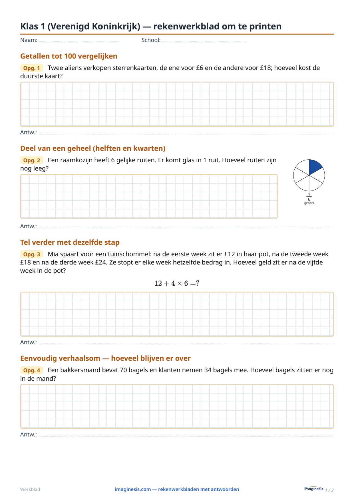 Klas 1 (Verenigd Koninkrijk) — rekenwerkblad om te printen — Leerlingblad: rekenwerkblad om te printen (Klas 1, Verenigd Koninkrijk)