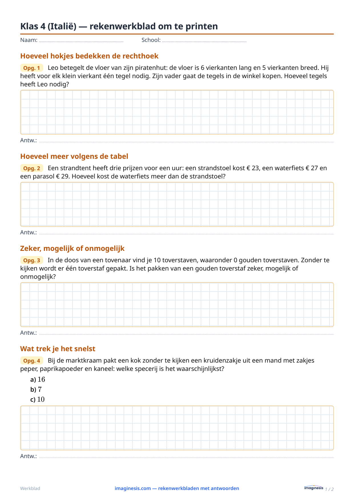 Klas 4 (Italië) — rekenwerkblad om te printen — Leerlingblad: rekenwerkblad om te printen (Klas 4, Italië)