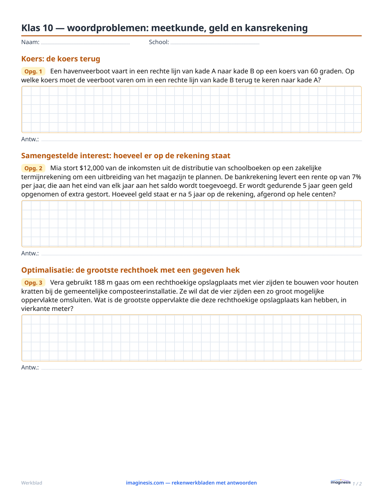 Klas 10 — woordproblemen: meetkunde, geld en kansrekening — Leerlingblad: rekenwerkblad om te printen (Klas 10, Verenigde Staten)