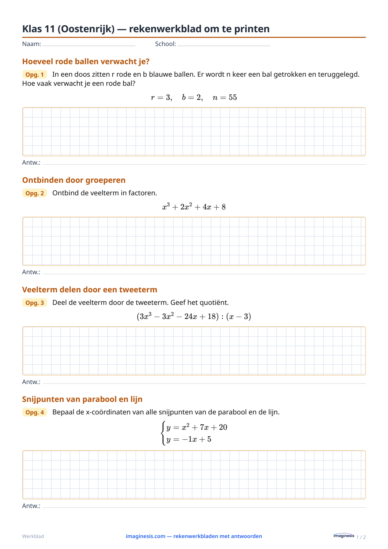 Klas 11 (Oostenrijk) — rekenwerkblad om te printen — Leerlingblad: rekenwerkblad om te printen (Klas 11, Oostenrijk)