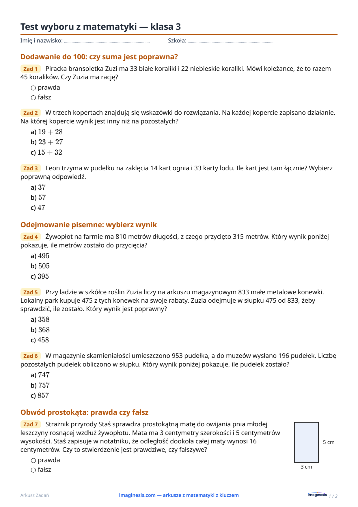 Test wyboru z matematyki — klasa 3 — Karta ucznia: arkusz z matematyki do druku