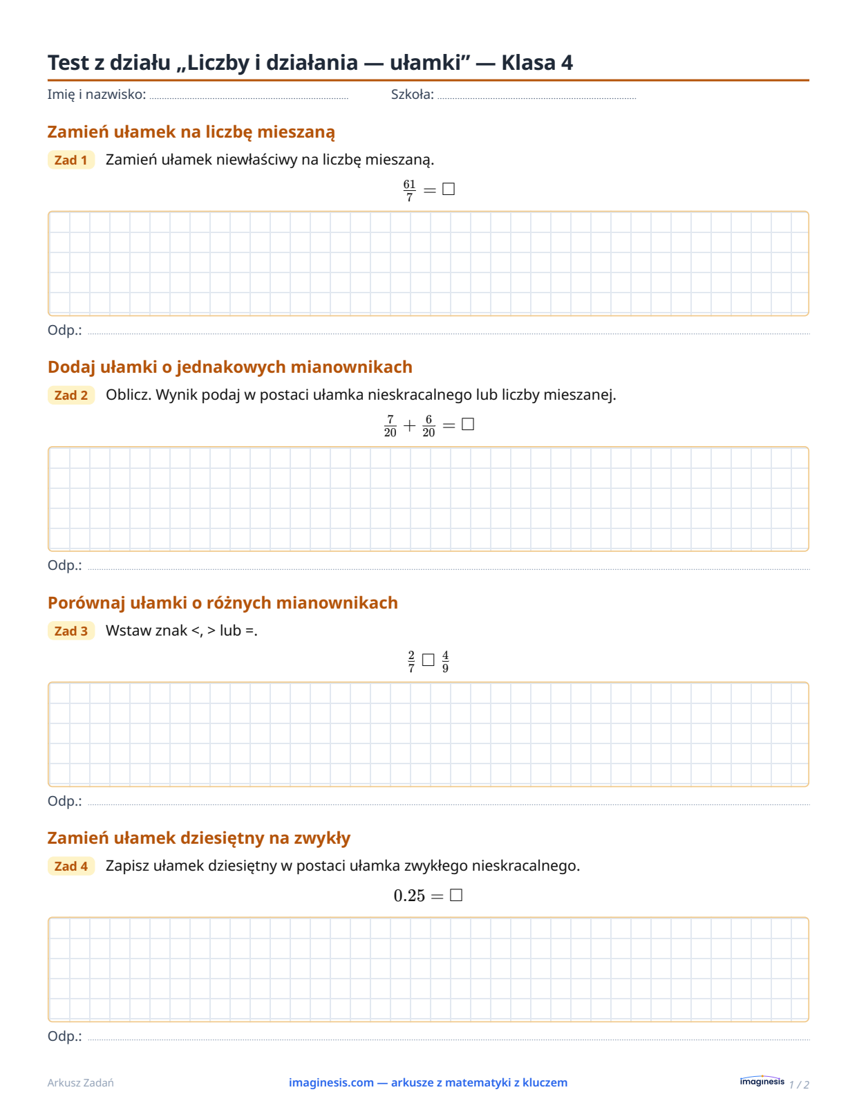 Test z działu „Liczby i działania — ułamki” — Klasa 4 — Karta ucznia: arkusz z matematyki do druku (Klasa 4, Stany Zjednoczone)