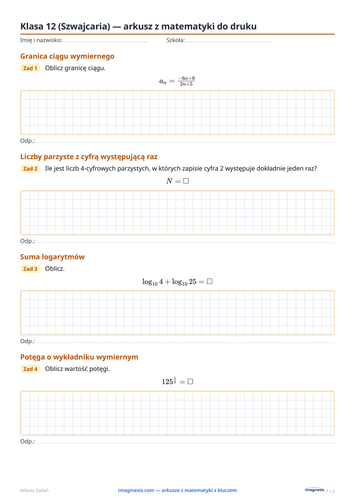 Klasa 12 (Szwajcaria) — arkusz z matematyki do druku — Karta ucznia: arkusz z matematyki do druku (Klasa 12, Szwajcaria)