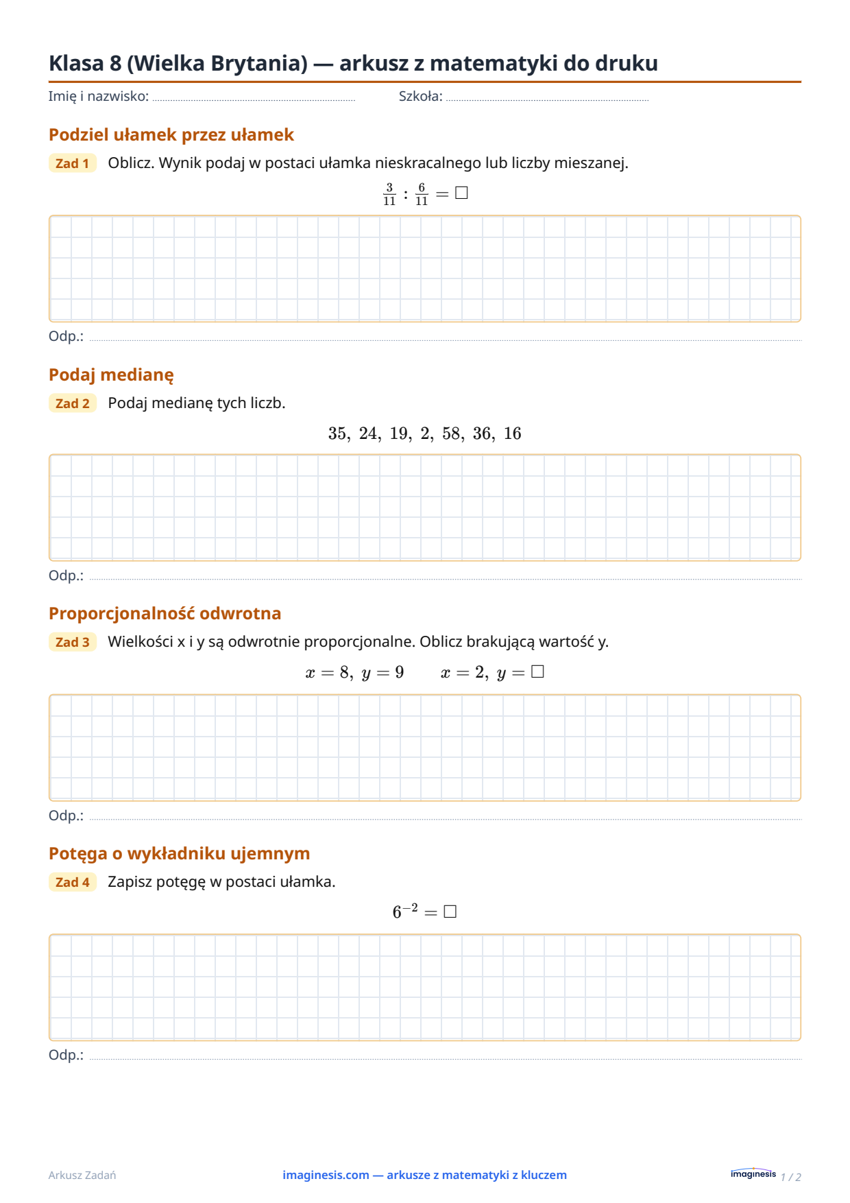 Klasa 8 (Wielka Brytania) — arkusz z matematyki do druku — Karta ucznia: arkusz z matematyki do druku (Klasa 8, Wielka Brytania)