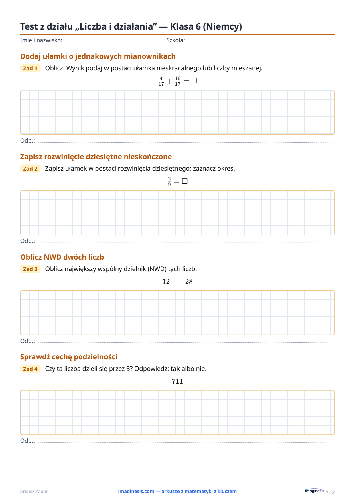 Test z działu „Liczba i działania” — Klasa 6 (Niemcy) — Karta ucznia: arkusz z matematyki do druku (Klasa 6, Niemcy)