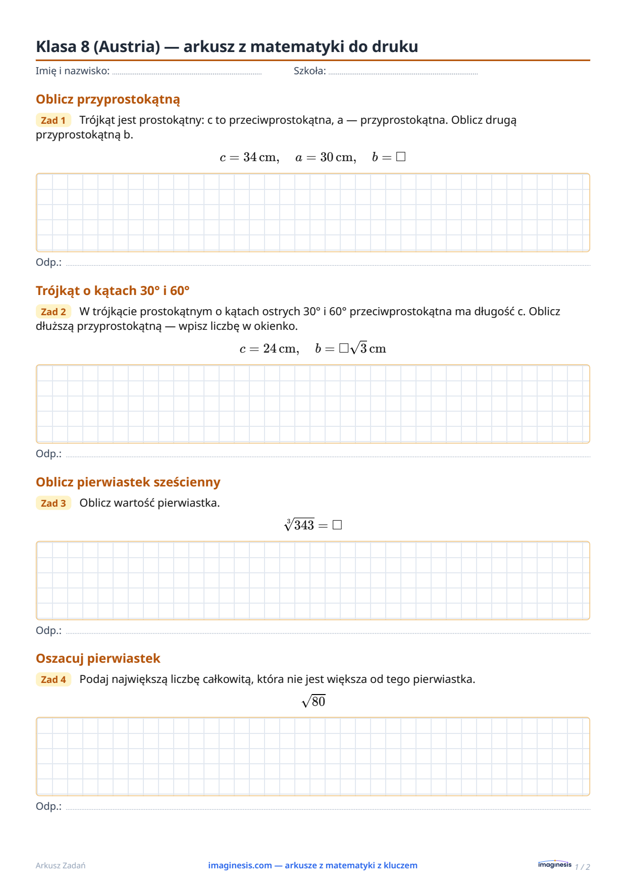 Klasa 8 (Austria) — arkusz z matematyki do druku — Karta ucznia: arkusz z matematyki do druku (Klasa 8, Austria)