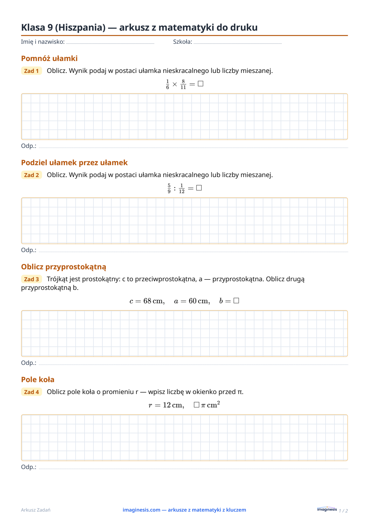 Klasa 9 (Hiszpania) — arkusz z matematyki do druku — Karta ucznia: arkusz z matematyki do druku (Klasa 9, Hiszpania)