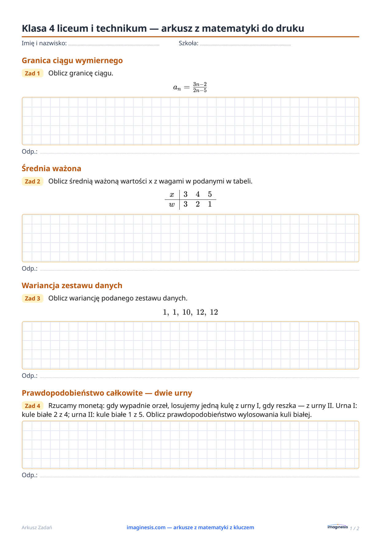 Klasa 12 (Niemcy) — arkusz z matematyki do druku — Karta ucznia: arkusz z matematyki do druku (Klasa 12, Niemcy)