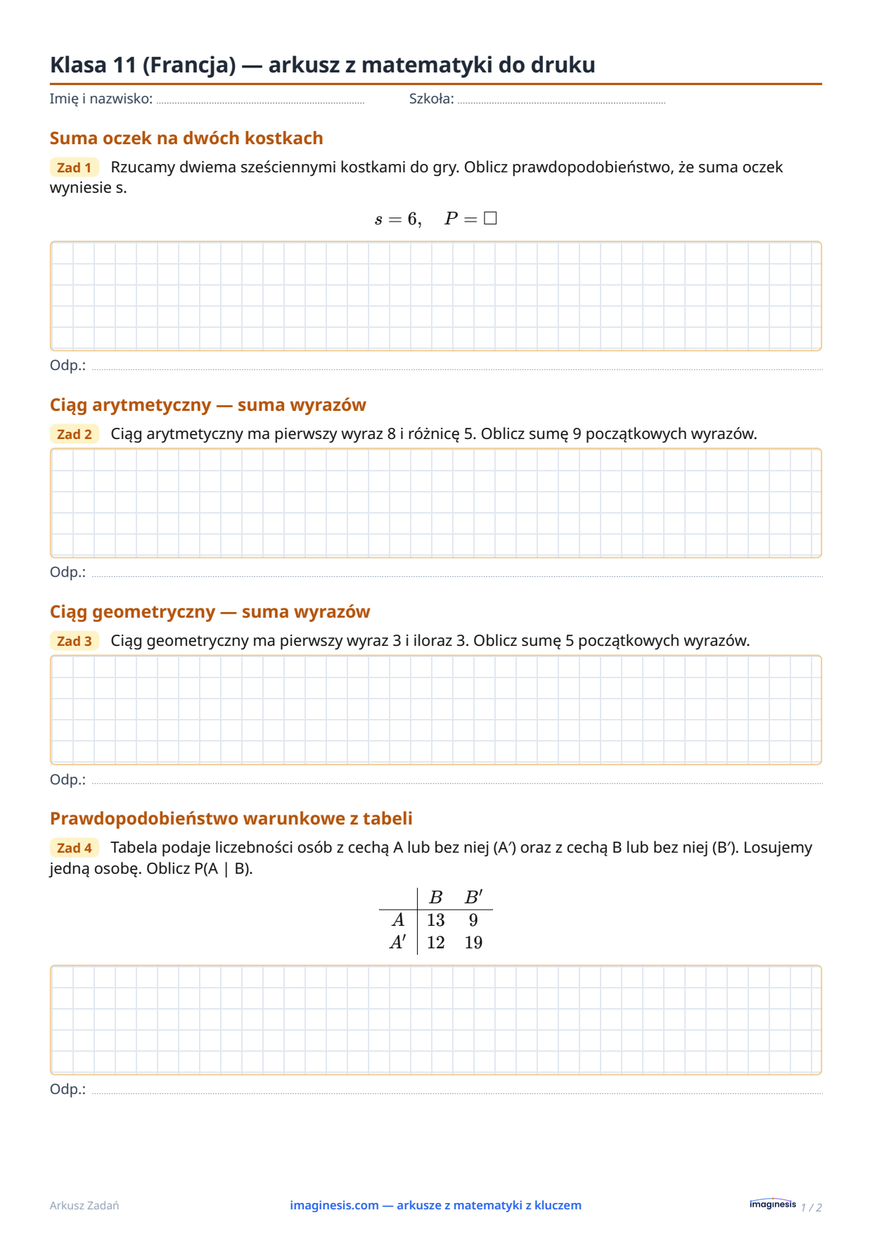 Klasa 11 (Francja) — arkusz z matematyki do druku — Karta ucznia: arkusz z matematyki do druku (Klasa 11, Francja)