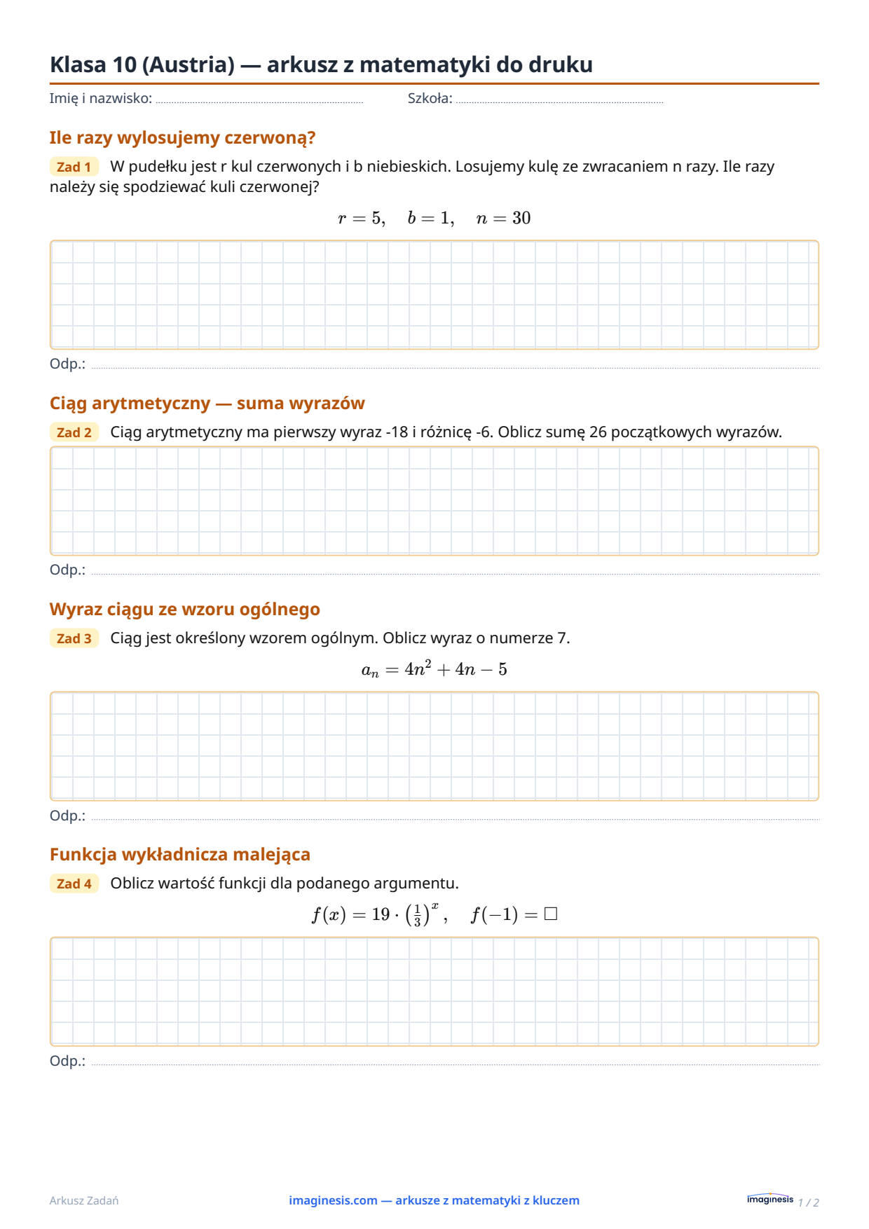 Klasa 10 (Austria) — arkusz z matematyki do druku — Karta ucznia: arkusz z matematyki do druku (Klasa 10, Austria)