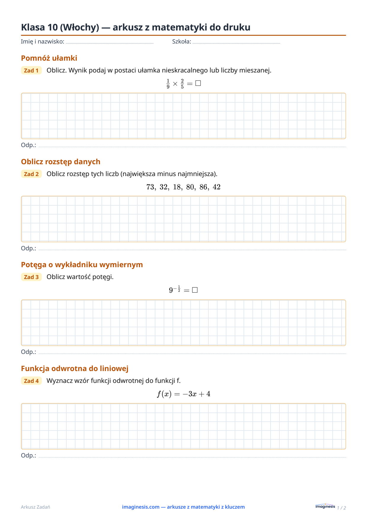 Klasa 10 (Włochy) — arkusz z matematyki do druku — Karta ucznia: arkusz z matematyki do druku (Klasa 10, Włochy)