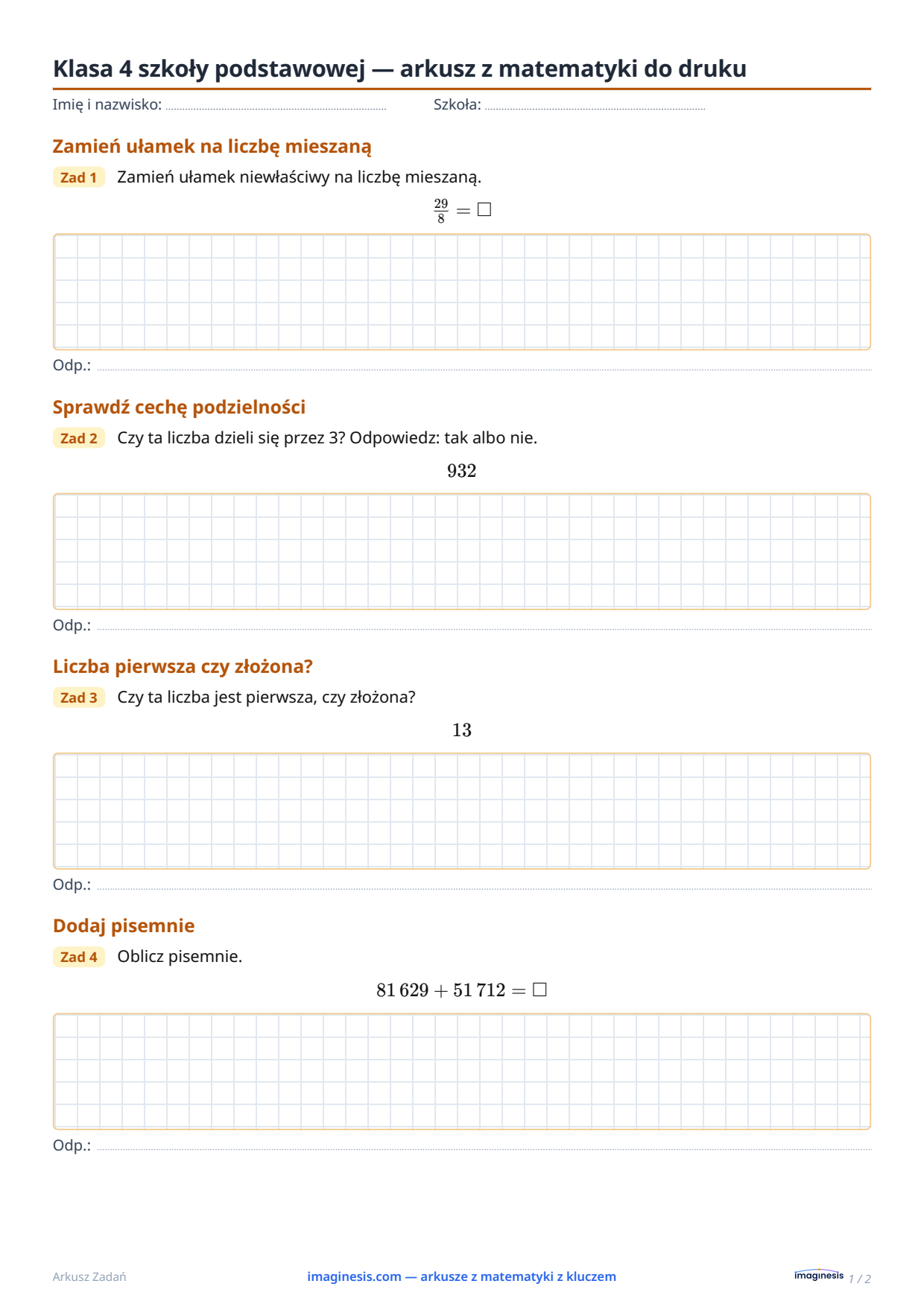 Klasa 4 (Stany Zjednoczone) — arkusz z matematyki do druku — Karta ucznia: arkusz z matematyki do druku (Klasa 4, Stany Zjednoczone)