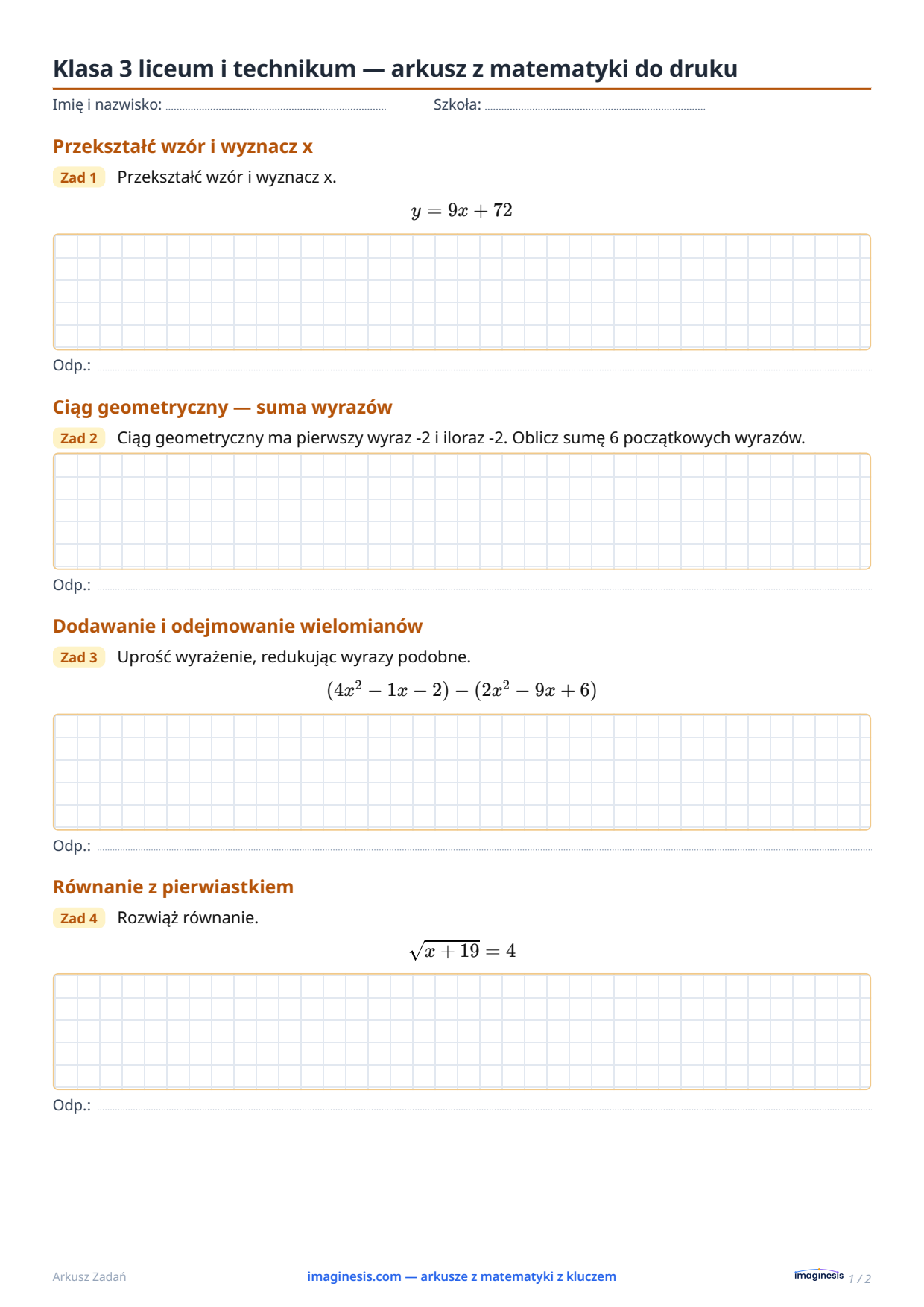 Klasa 11 (Stany Zjednoczone) — arkusz z matematyki do druku — Karta ucznia: arkusz z matematyki do druku (Klasa 11, Stany Zjednoczone)