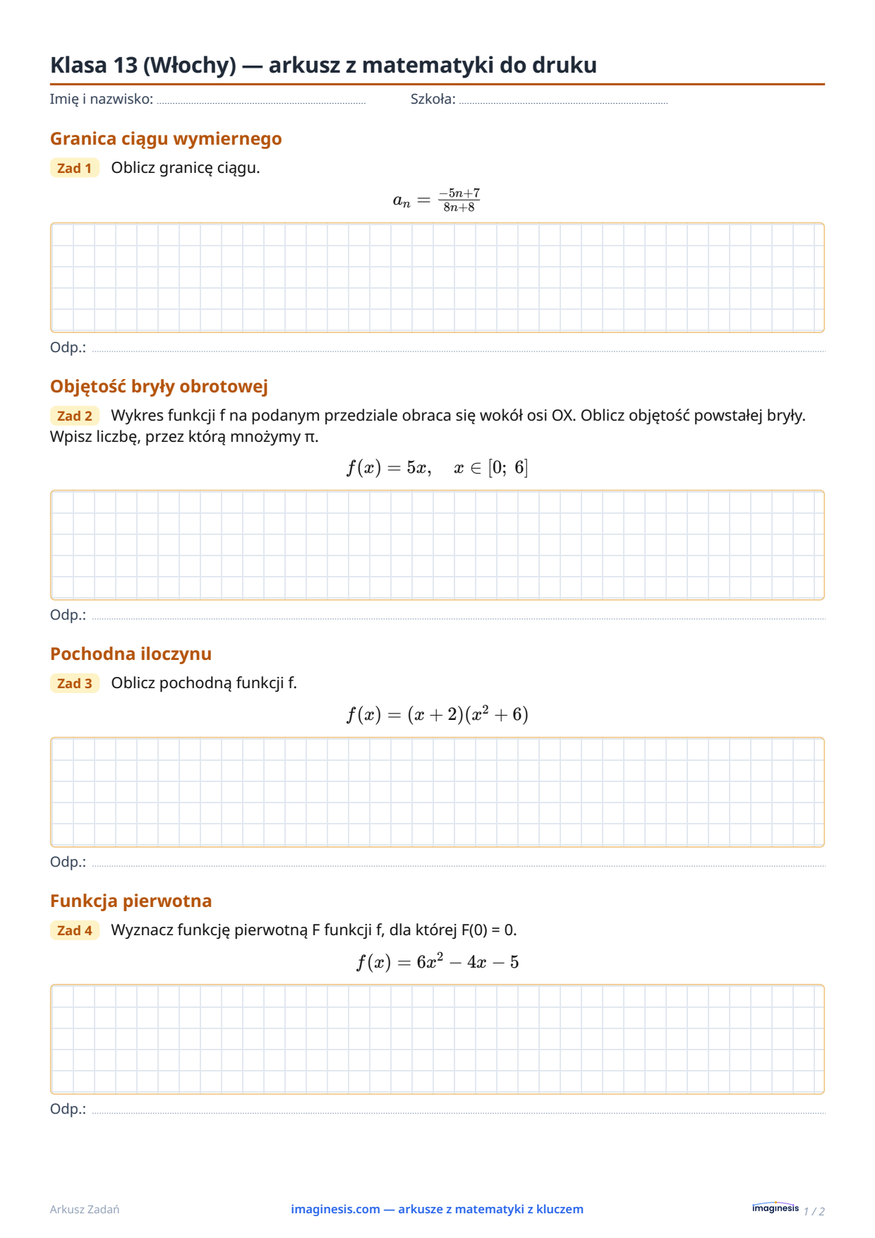 Klasa 13 (Włochy) — arkusz z matematyki do druku — Karta ucznia: arkusz z matematyki do druku (Klasa 13, Włochy)