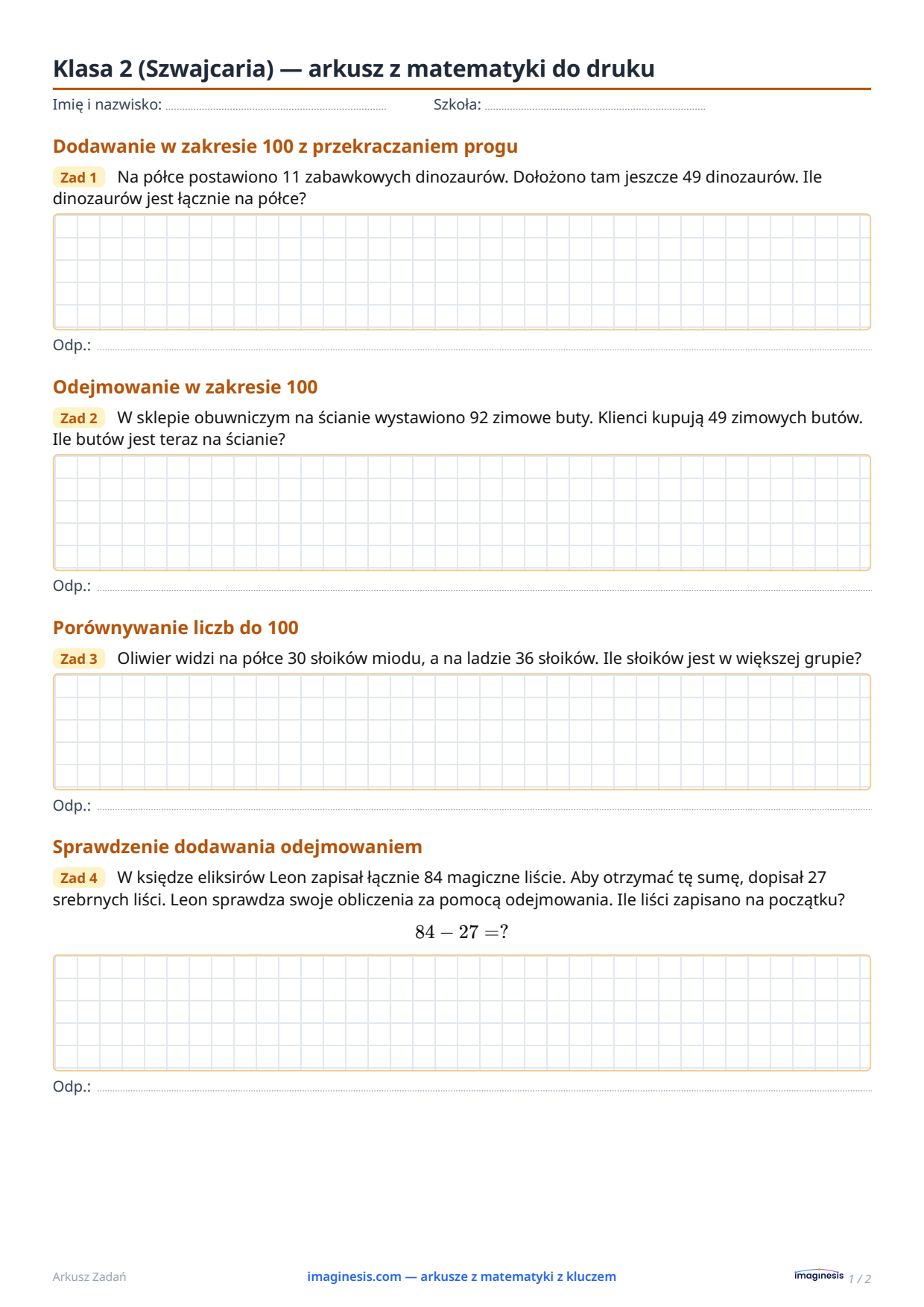 Klasa 2 (Szwajcaria) — arkusz z matematyki do druku — Karta ucznia: arkusz z matematyki do druku (Klasa 2, Szwajcaria)