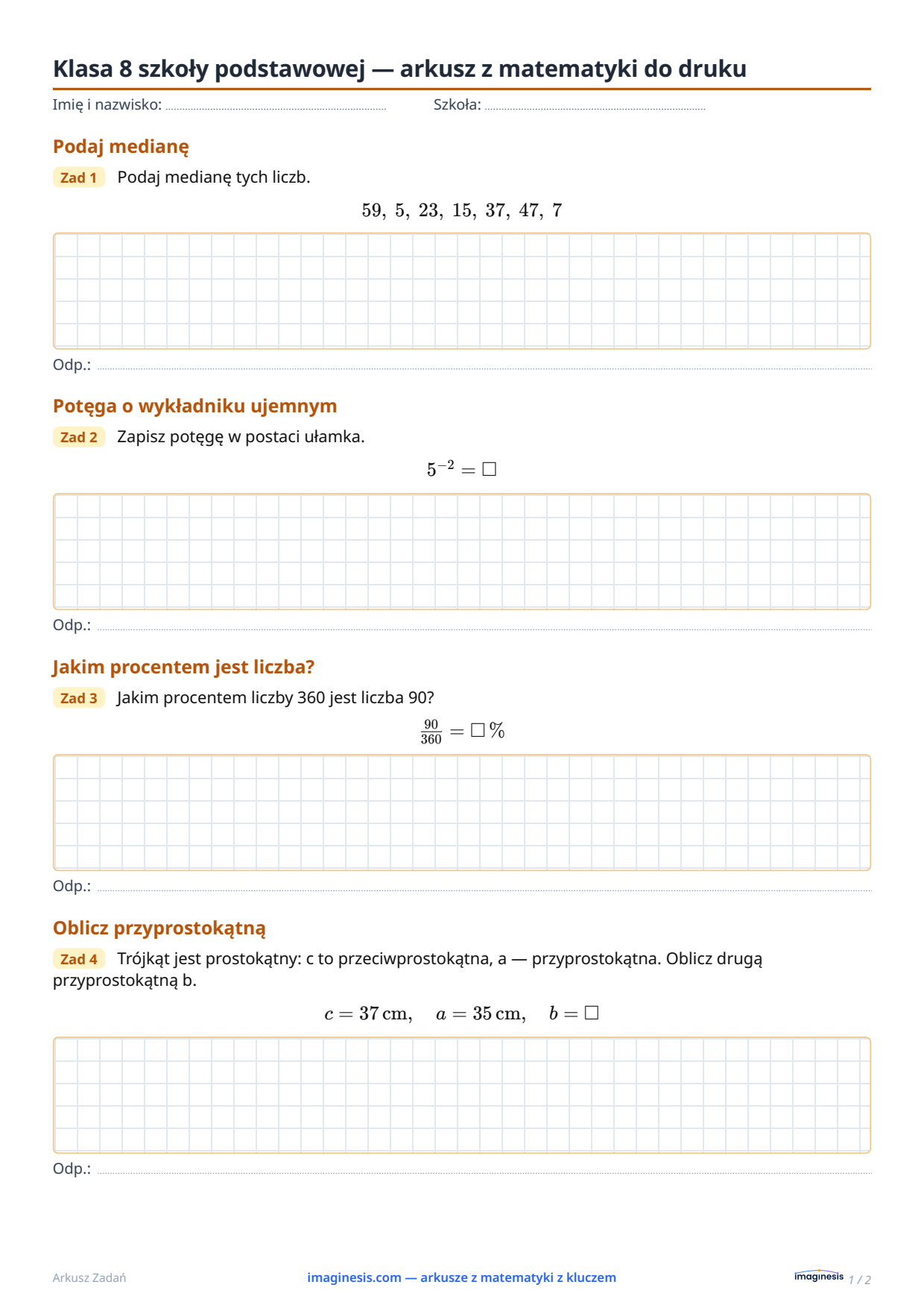 Klasa 8 szkoły podstawowej — arkusz z matematyki do druku — Karta ucznia: arkusz z matematyki do druku (Klasa 8 szkoły podstawowej, Polska)