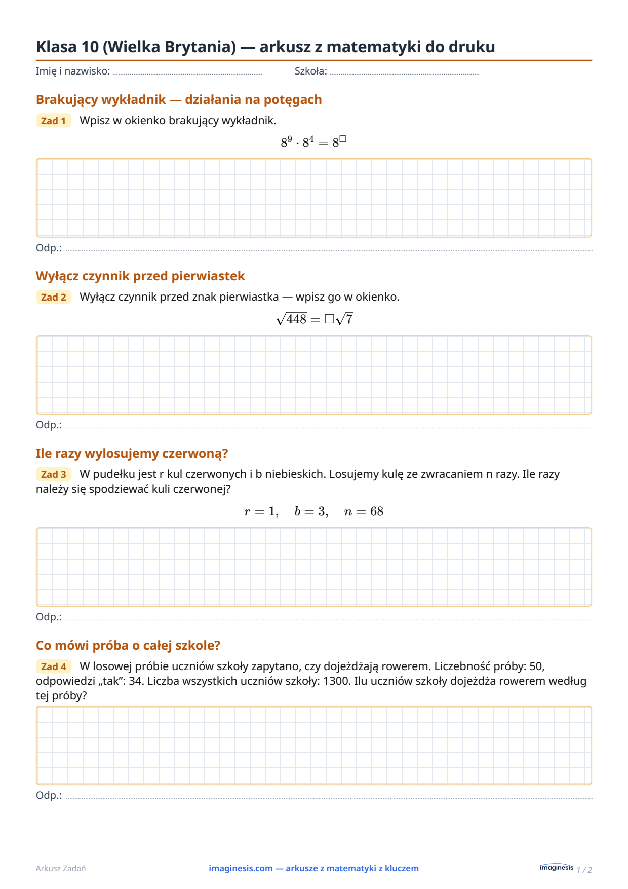 Klasa 10 (Wielka Brytania) — arkusz z matematyki do druku — Karta ucznia: arkusz z matematyki do druku (Klasa 10, Wielka Brytania)