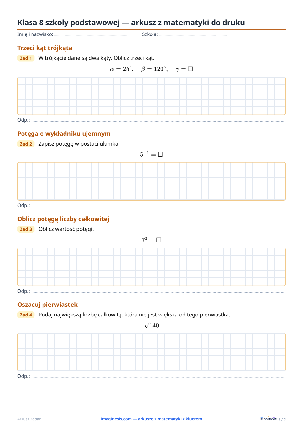 Klasa 8 (Stany Zjednoczone) — arkusz z matematyki do druku — Karta ucznia: arkusz z matematyki do druku (Klasa 8, Stany Zjednoczone)
