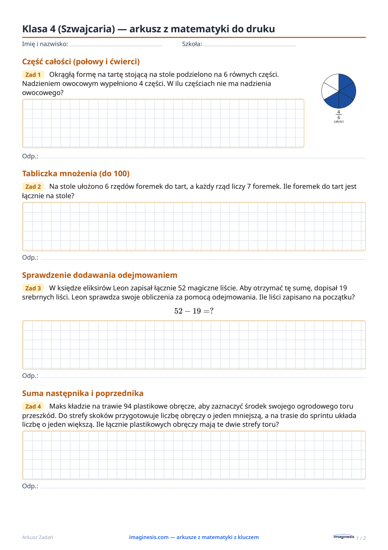 Klasa 4 (Szwajcaria) — arkusz z matematyki do druku — Karta ucznia: arkusz z matematyki do druku (Klasa 4, Szwajcaria)