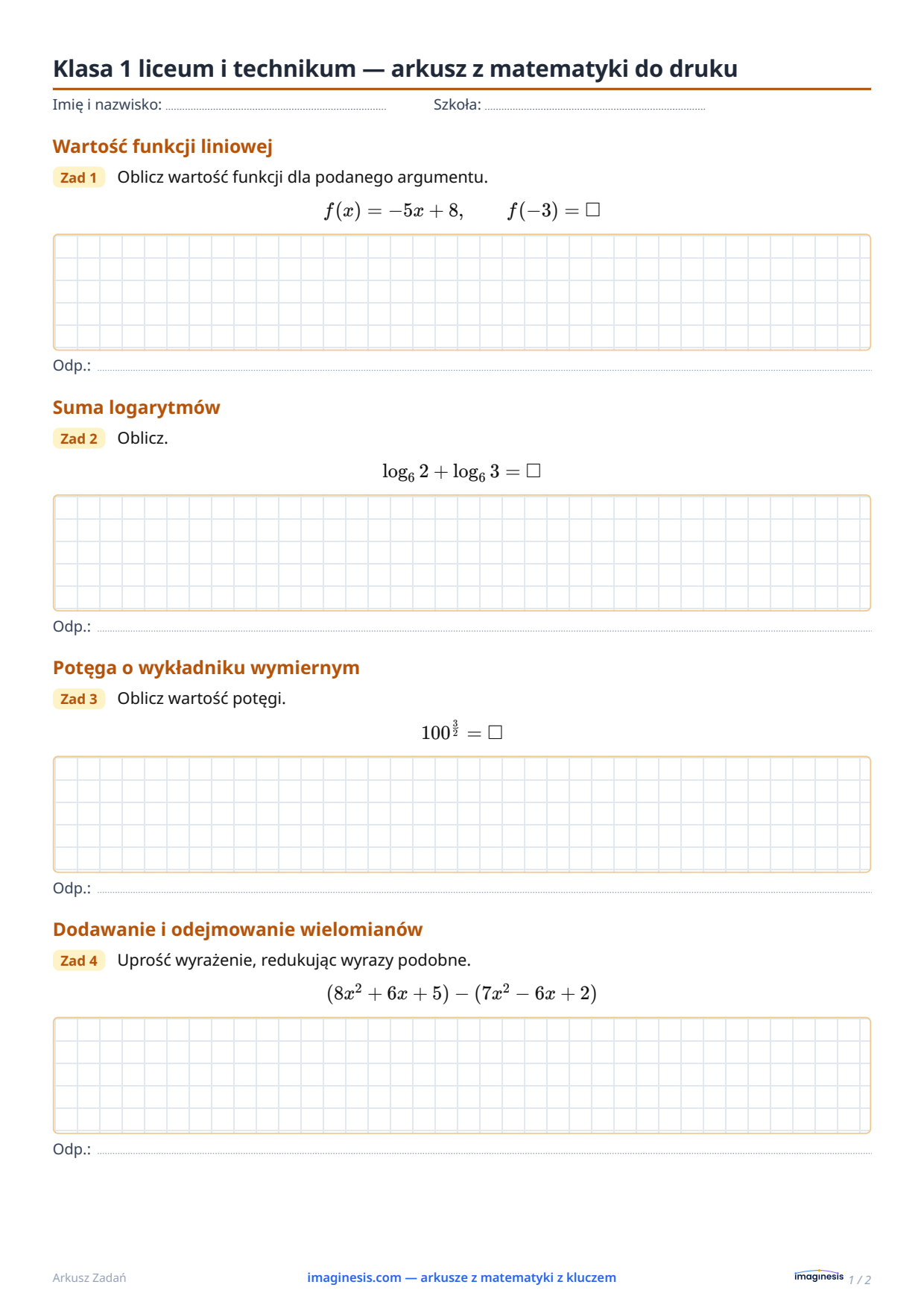 Klasa 1 liceum i technikum — arkusz z matematyki do druku — Karta ucznia: arkusz z matematyki do druku (Klasa 1 liceum i technikum, Polska)