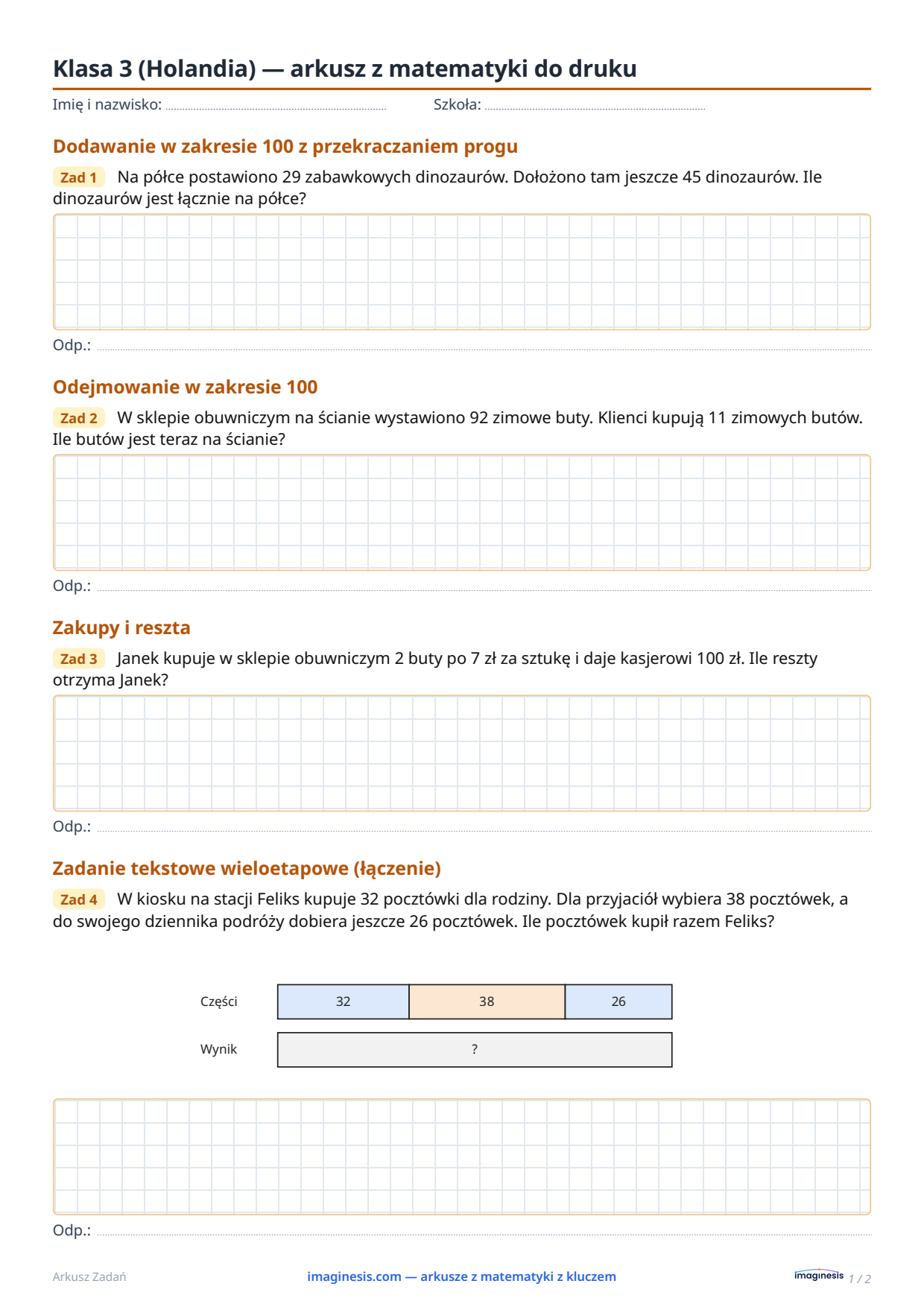 Klasa 3 (Holandia) — arkusz z matematyki do druku — Karta ucznia: arkusz z matematyki do druku (Klasa 3, Holandia)
