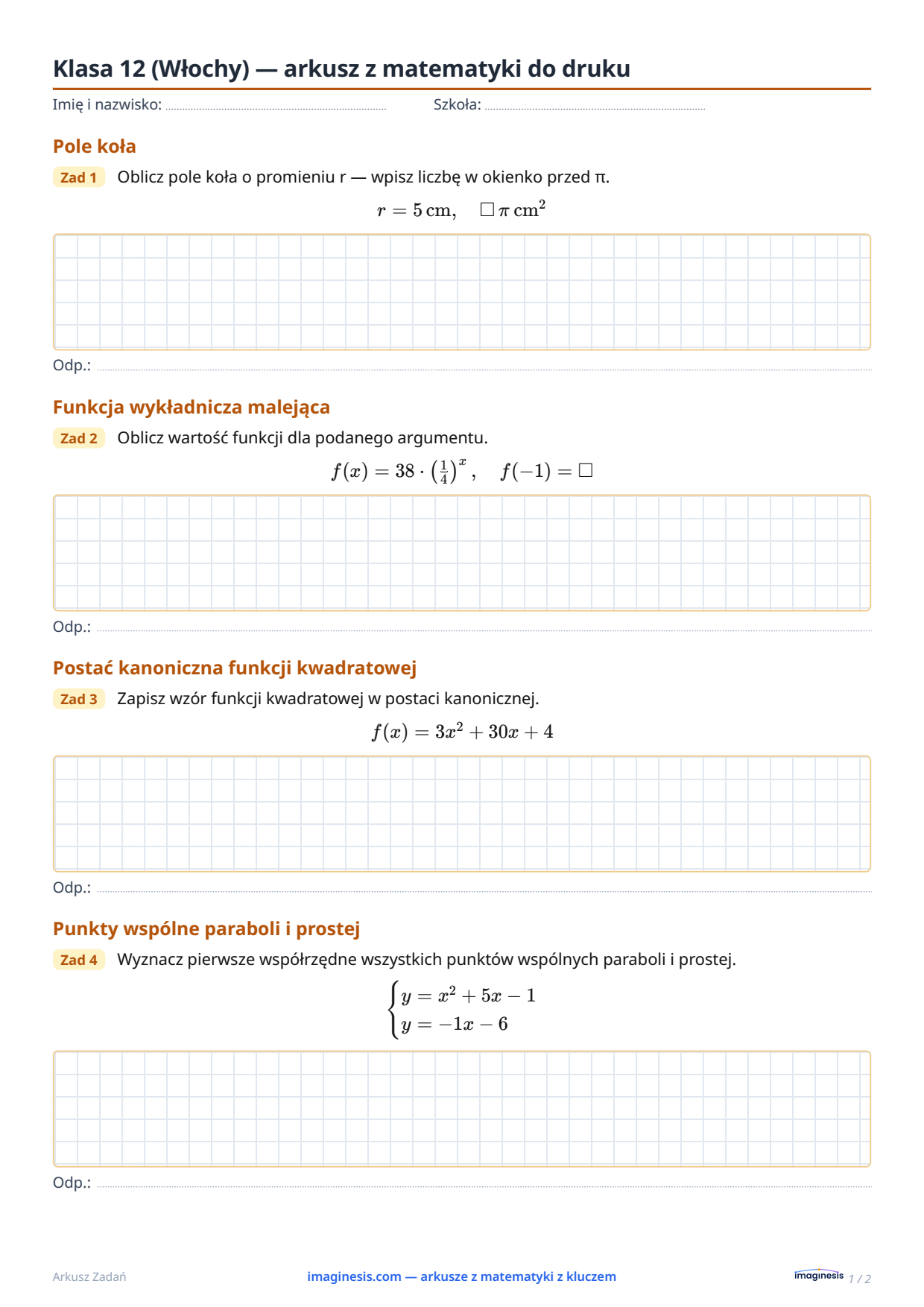 Klasa 12 (Włochy) — arkusz z matematyki do druku — Karta ucznia: arkusz z matematyki do druku (Klasa 12, Włochy)