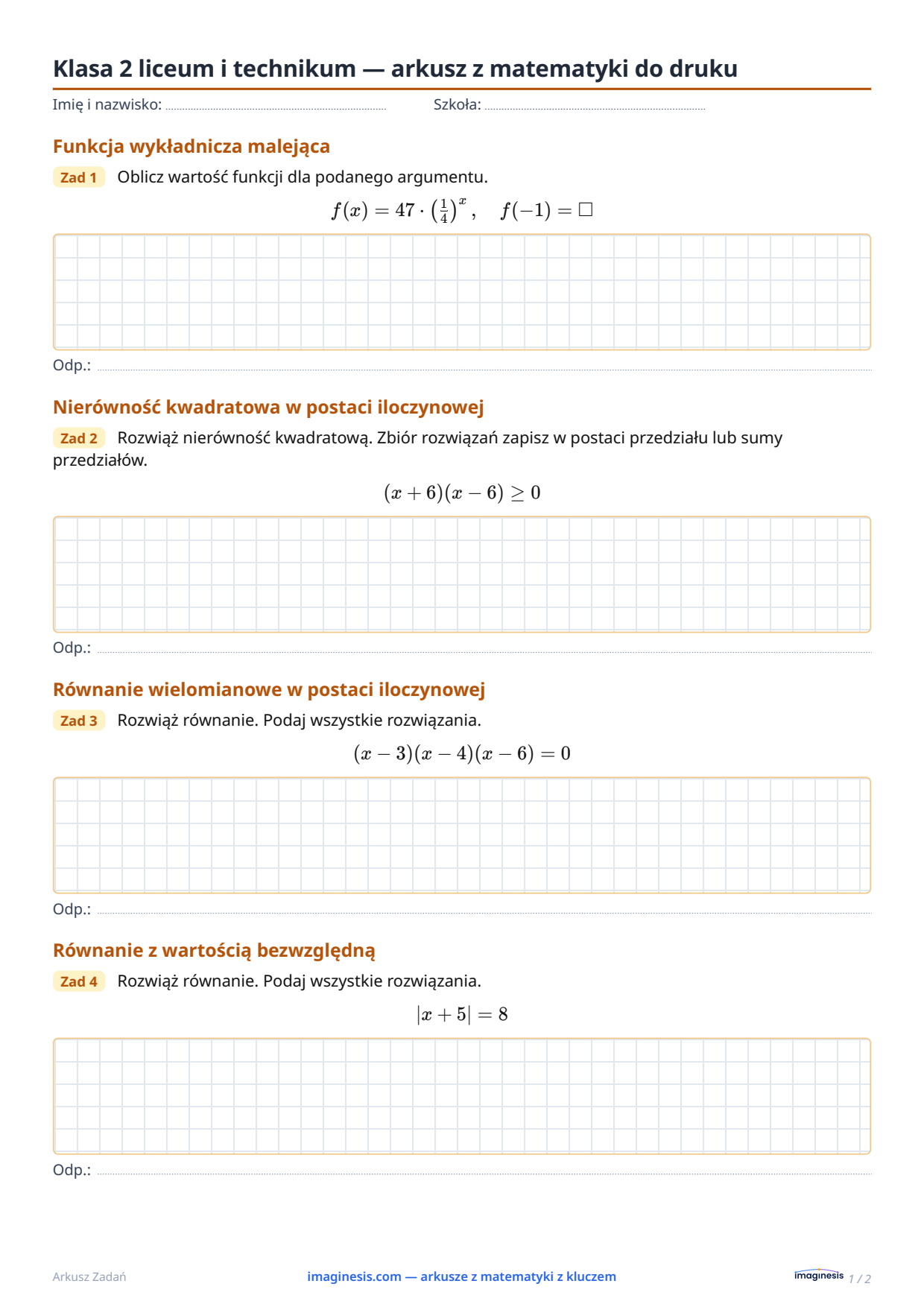 Klasa 2 liceum i technikum — arkusz z matematyki do druku — Karta ucznia: arkusz z matematyki do druku (Klasa 2 liceum i technikum, Polska)