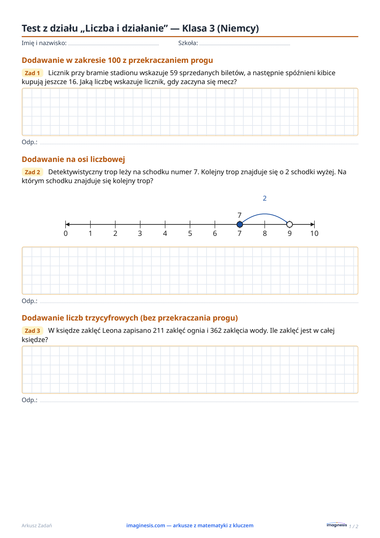 Test z działu „Liczba i działanie” — Klasa 3 (Niemcy) — Karta ucznia: arkusz z matematyki do druku (Klasa 3, Niemcy)