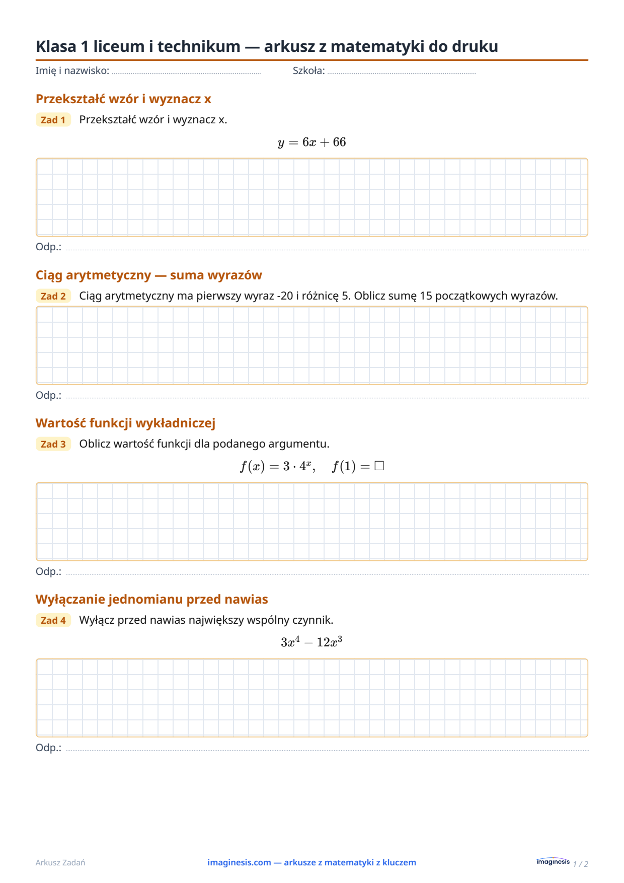 Klasa 9 (Stany Zjednoczone) — arkusz z matematyki do druku — Karta ucznia: arkusz z matematyki do druku (Klasa 9, Stany Zjednoczone)